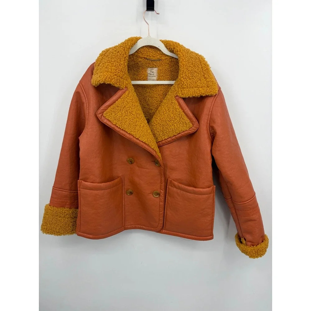 We The Free Free People kaja Vegan Leather Jacket sz Small Orange Shearling Coat